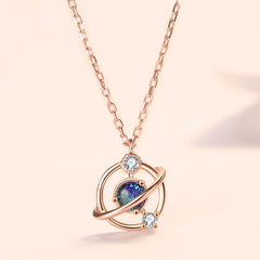 Rhinestone Dream Aurora Planet Pendant S925 Sterling Silver Chain Necklace
