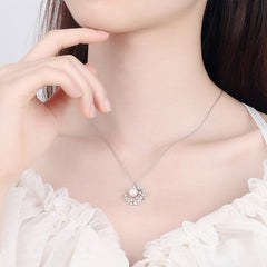 Rhinestone Half Moon Pearl Pendant S925 Sterling Silver Necklace