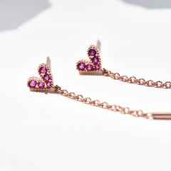 Rhinestone Heart Long Threader 925 Sterling Silver Tassel Earrings