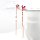 Rhinestone Heart Long Threader 925 Sterling Silver Tassel Earrings