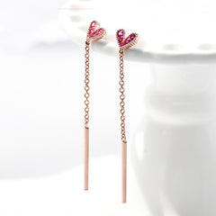 Rhinestone Heart Long Threader 925 Sterling Silver Tassel Earrings