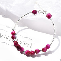 Rose Red Tiger Eye Crystal 925 Sterling Silver Charm Chain Bracelet