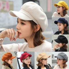 Winter Wool Beret Hat Women Solid Cabbie Visor Newsboy Cap