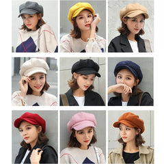 Winter Wool Beret Hat Women Solid Cabbie Visor Newsboy Cap