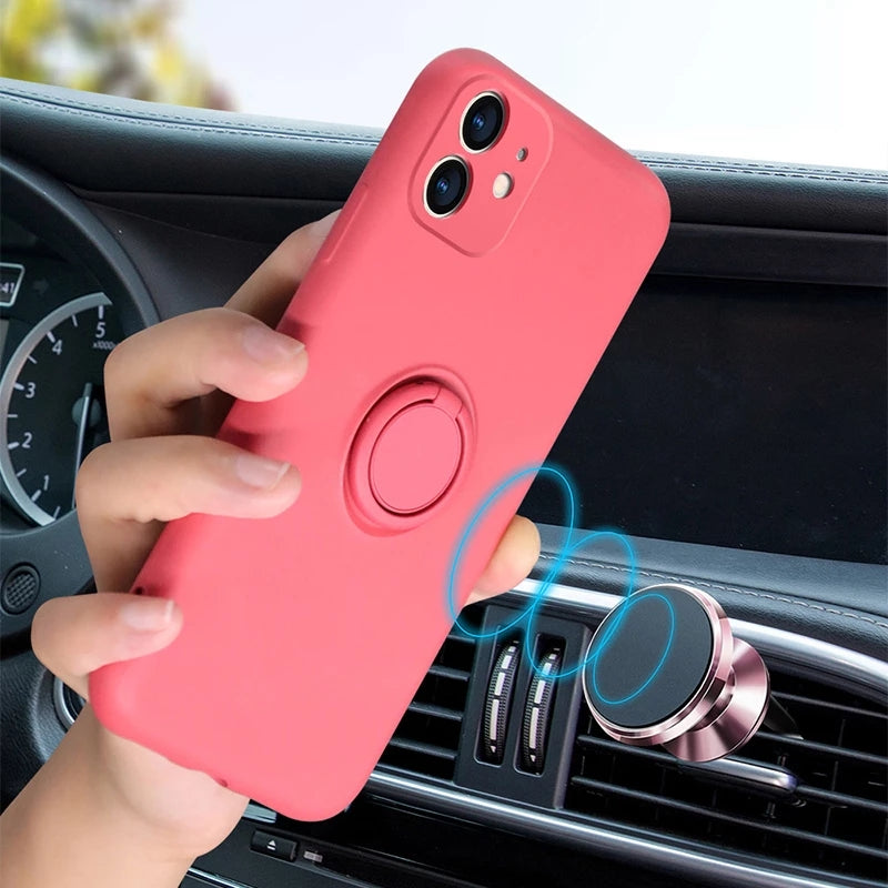 3 in 1 Soft Liquid Silicone Case Magnetic Ring Holder for iPhone