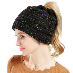 Winter Ponytail Knitted Beanie Hat Warm Confetti Caps