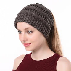 Winter Ponytail Plain Knitted Beanie Hat Warm Caps