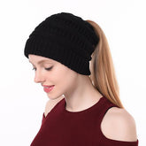 Winter Ponytail Plain Knitted Beanie Hat Warm Caps