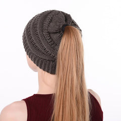 Winter Ponytail Plain Knitted Beanie Hat Warm Caps