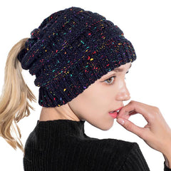 Winter Ponytail Knitted Beanie Hat Warm Confetti Caps