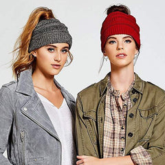 Winter Ponytail Plain Knitted Beanie Hat Warm Caps