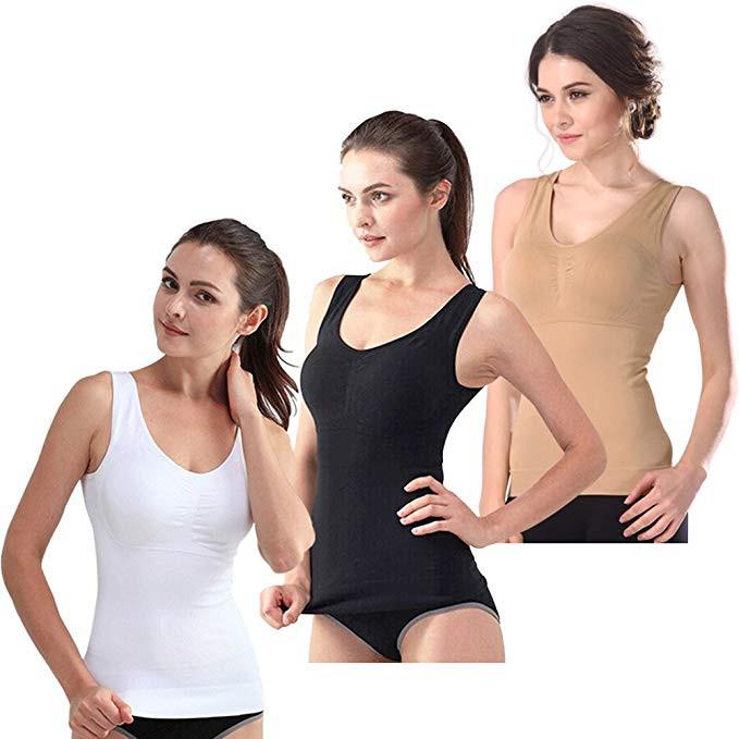 Womens Shapewear Tank Tops with Built in Bra Tummy Slimming Shaper Cami  Compression Lace Camisole V Neck Beige M