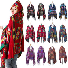 Women's Bohemian Casual Winter Hooded Shawl Plaid Capes Blanket