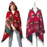 Women's Bohemian Casual Winter Hooded Shawl Plaid Capes Blanket