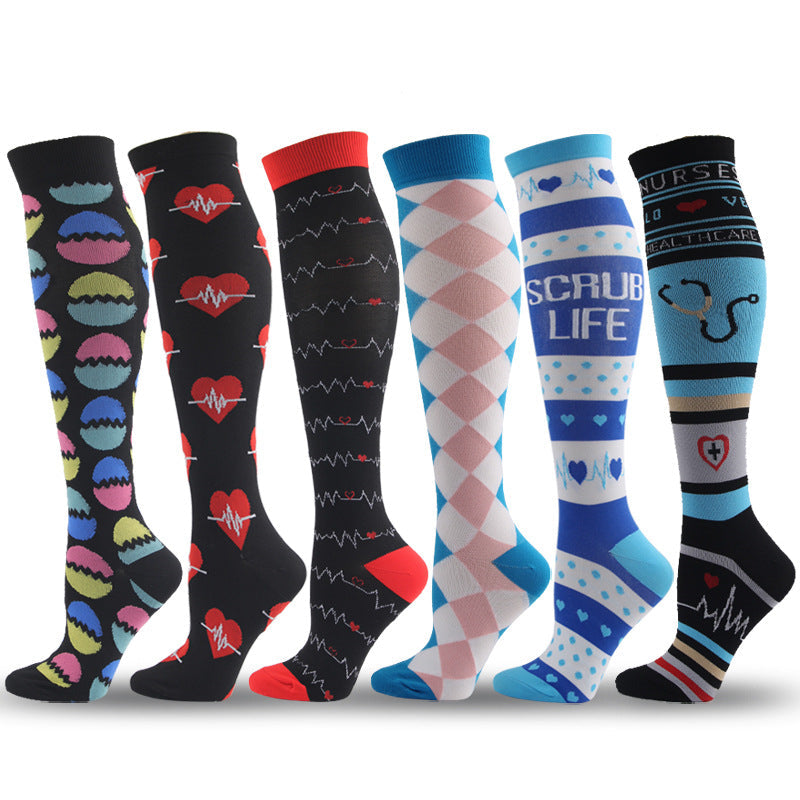 6 Pairs Knee-High Compression Socks Medical Pattern Sports Stockings