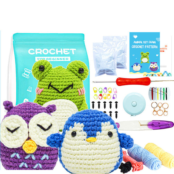 3-Pattern Beginner Crochet Kit DIY Animal Knitting Penguin Frog Owl Ideal Gift