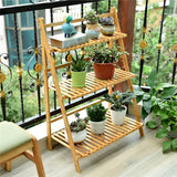 Bamboo Ladder Plant Stand 3-Tier Flower Organizer Indoor Outdoor Multi-Layer Shelf