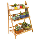 Bamboo Ladder Plant Stand 3-Tier Flower Organizer Indoor Outdoor Multi-Layer Shelf