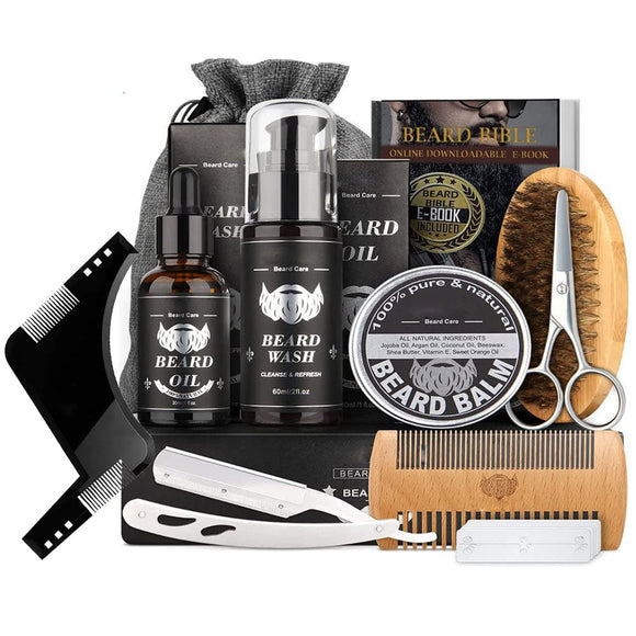 10PCs/Set Beard Care Kit for Men Beard Grooming Trimming Set Shampoo Wash Beard Oil Balm Brush Comb Scissors Bag Gifts for Him Dad Boyfriend