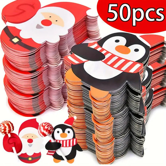 50pcs Christmas Lollipop Paper Card DIY Santa Snowman Penguin Candy Holder Party Supplies