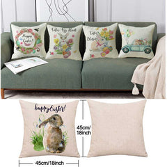 2pcs Easter Linen Pillow Cover with Rabbit Bunnies Flower Egg Patterns