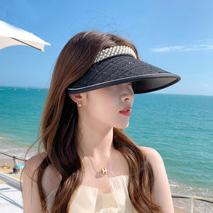 Vinyl Sun Visor Hats for Women with Wide Brim Pearl Decoration