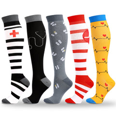 5 Pairs Knee-High Compression Socks Medical Red Cross Pattern Sports Stockings
