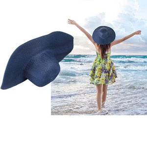 Summer Elegant Floppy Large Wide Brim Beach Sun Cap Straw Navy Blue