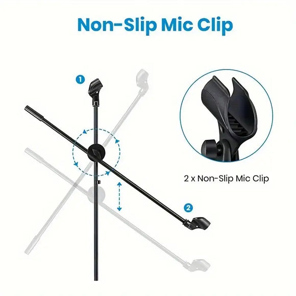 Microphone Stand with 60cm Tripod Base Dual Mic Clip 360 Degree Rotating