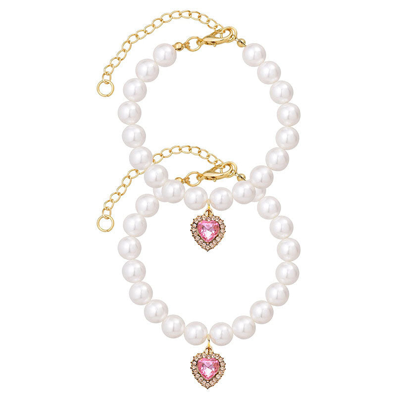 Cat Dog Pearl Necklace Collar Fancy Jewelry Accessories with Heart Shape Rhinestone