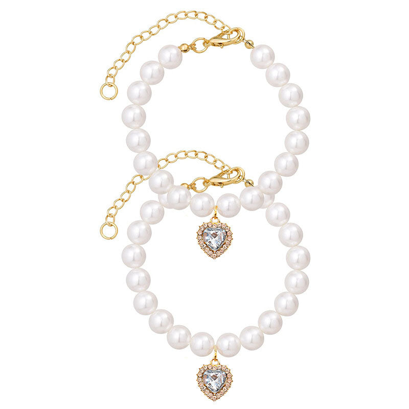 Cat Dog Pearl Necklace Collar Fancy Jewelry Accessories with Heart Shape Rhinestone