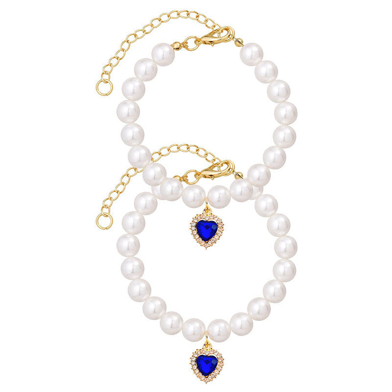 Cat Dog Pearl Necklace Collar Fancy Jewelry Accessories with Heart Shape Rhinestone