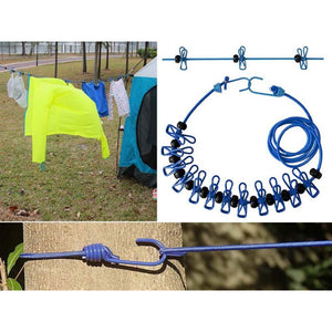 Adjustable Camping Laundry Line Durable Outdoor Clothesline Clothes Drying Rope 12 Clips