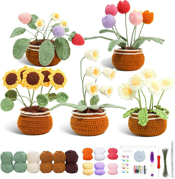 5PCs Potted Flowers Crochet Starter Kit