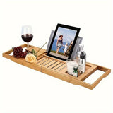 Retractable Wood Adjustable Bamboo Bath Tray for Tub with Wine Holder Book Stand