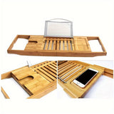 Retractable Wood Adjustable Bamboo Bath Tray for Tub with Wine Holder Book Stand