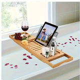 Retractable Wood Adjustable Bamboo Bath Tray for Tub with Wine Holder Book Stand