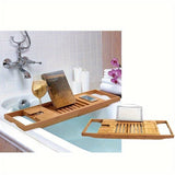 Retractable Wood Adjustable Bamboo Bath Tray for Tub with Wine Holder Book Stand