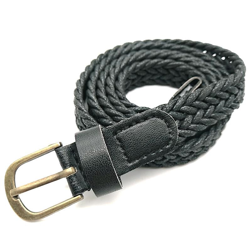 Women Hand Knit Belt Vintage Pin Buckle Leather Braid Thin Belts