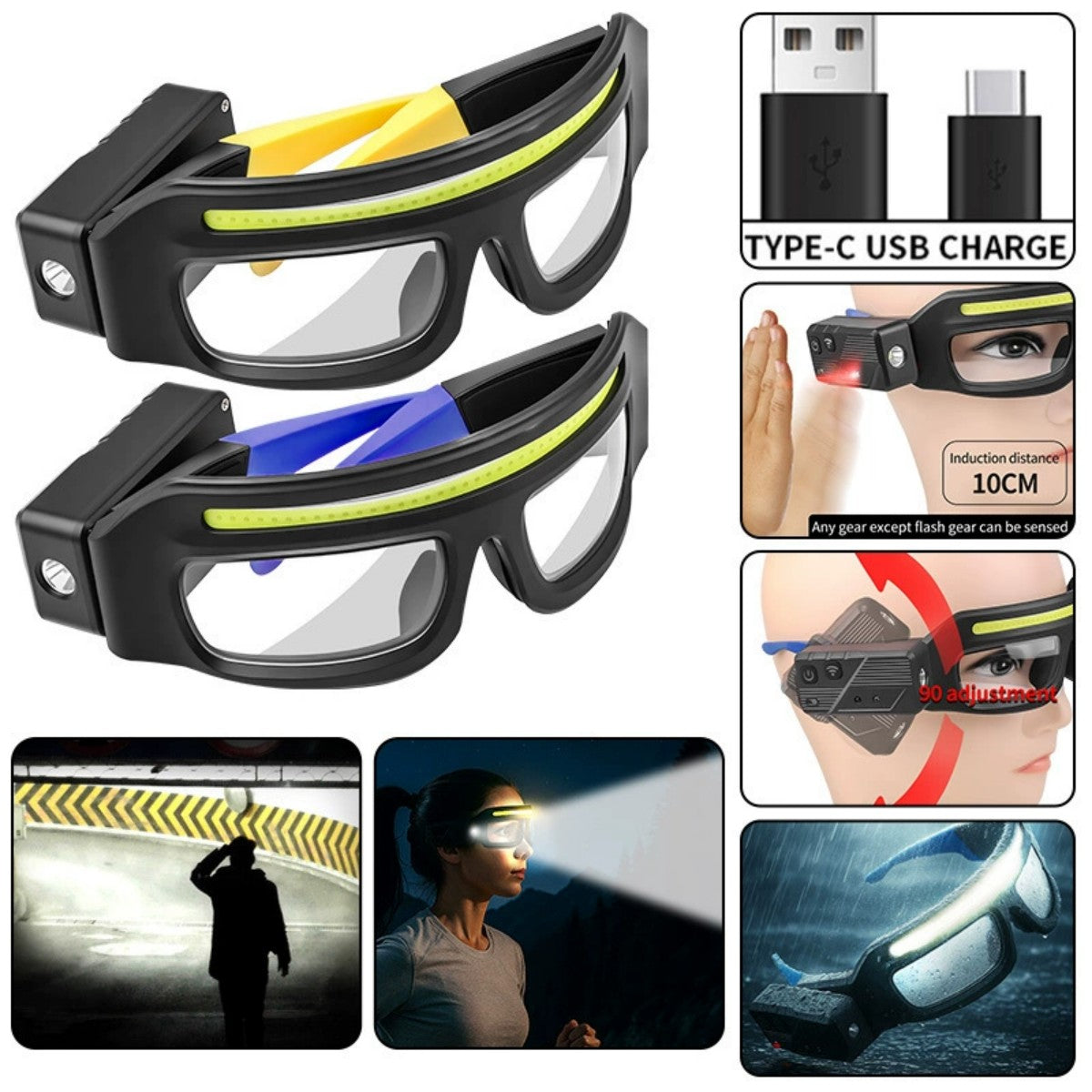 Waterproof XTE Glasses Headlamp with Motion Sensor and Type C Fast Charging