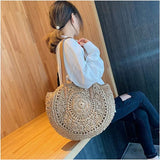 Womens Round Corn Straw Handle Shoulder Bag