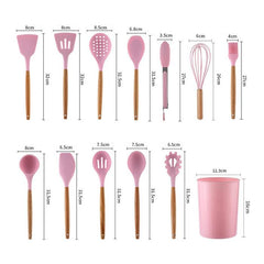 12pcs Wooden Handles Silicone Cookware Utensils Set