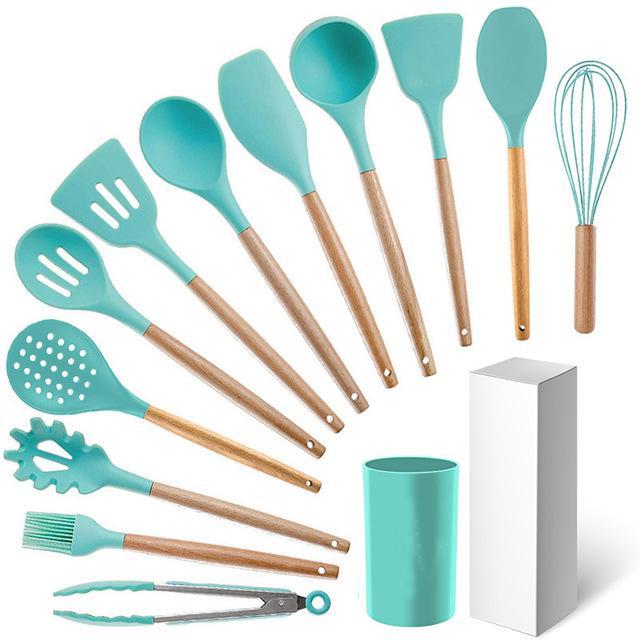12pcs Wooden Handles Silicone Cookware Utensils Set