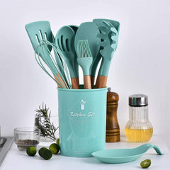 12pcs Wooden Handles Silicone Cookware Utensils Set