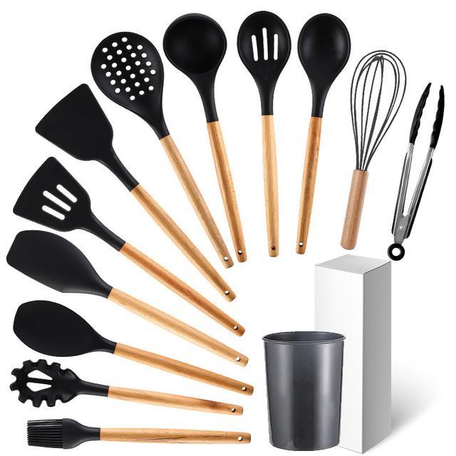 12pcs Wooden Handles Silicone Cookware Utensils Set