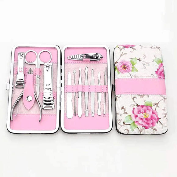 12pcs Manicure Set Nail Clippers Pedicure Kit Pink Flower Case