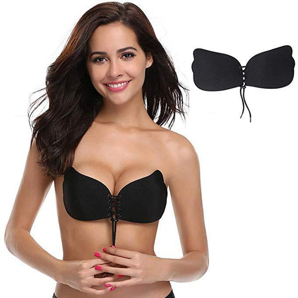 Women's Invisible Lift Up Bra Strapless Backless Sticky Bra Deep V-Shaped  Push-up Adhesive Wings Bras (Color : Black, Cup_Size : D)