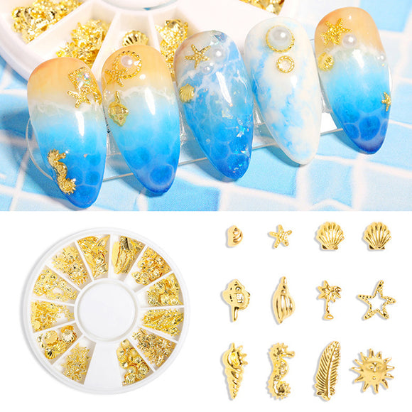 Gold Metal Sea Horse Shell Starfish Design Nail Art Studs Kit Multi Shapes Nail Decoration