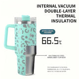 40oz Stainless Steel Mug Water Bottle Insulated Leopard Tumbler With Lid and Straws