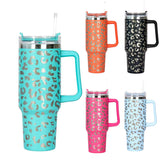 40oz Stainless Steel Mug Water Bottle Insulated Leopard Tumbler With Lid and Straws